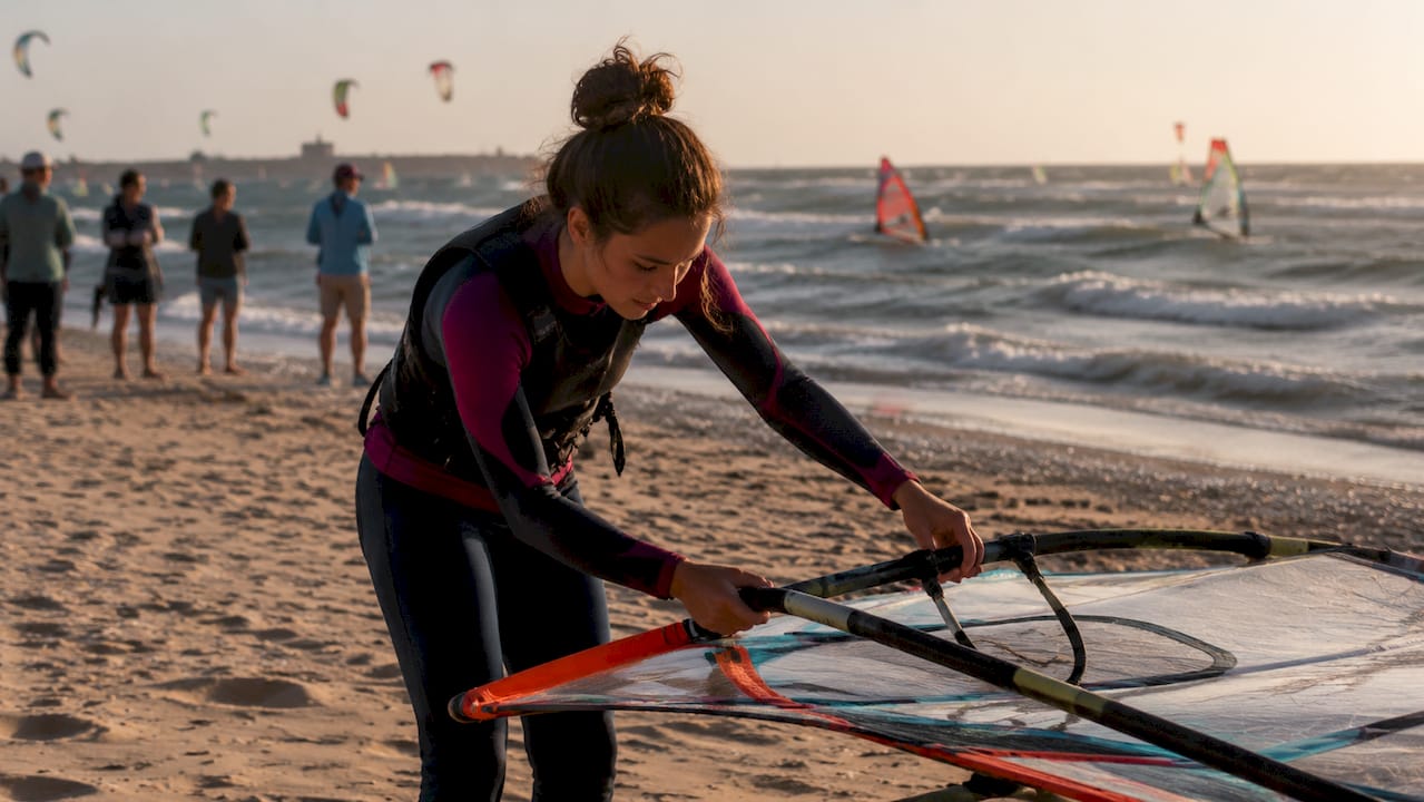 Windsurfer walking along Essaouira beach carrying sailboard