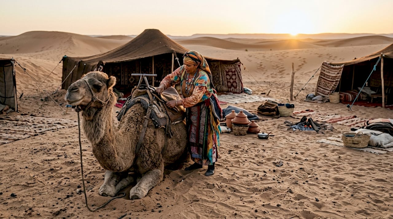 Berber woman preparing camel near desert camp