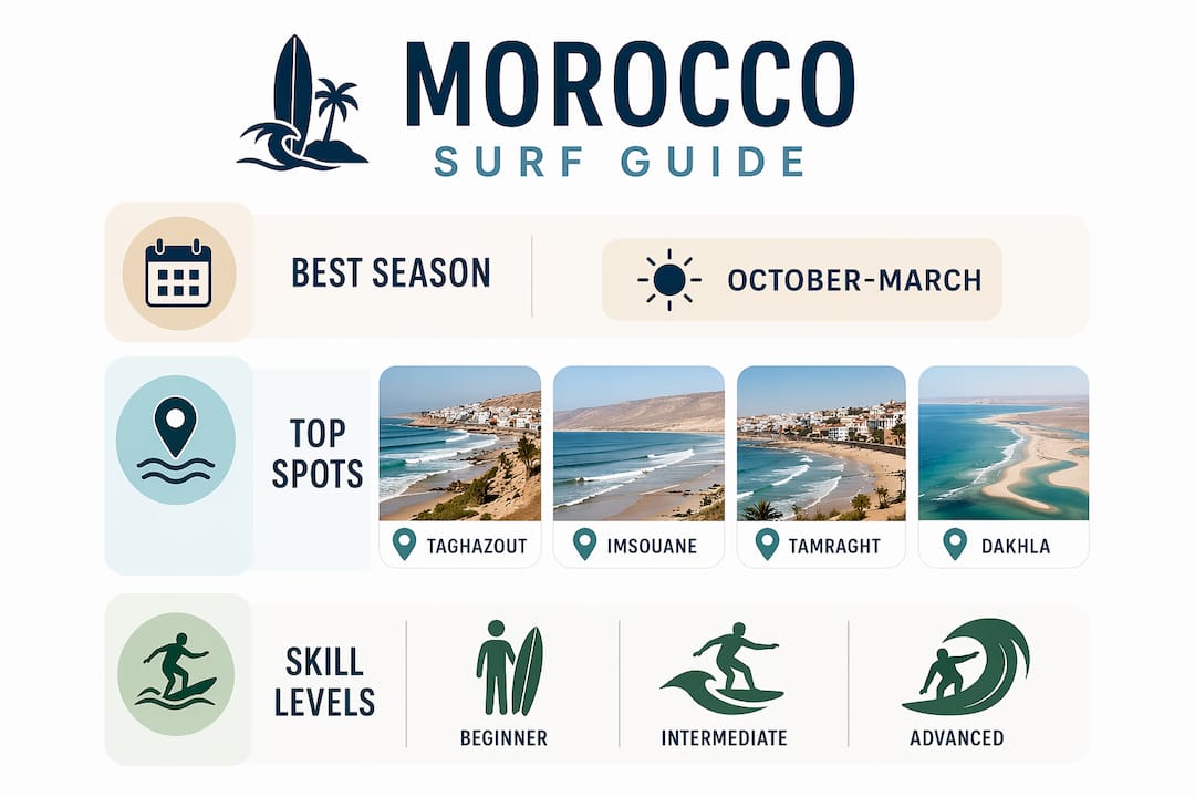 Infographic summarizing Morocco surf seasons and spots