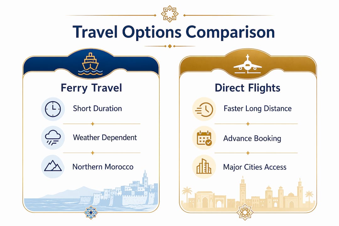 Morocco Tours from Spain: Your Travel Guide 2 Infographic comparing ferry and flight travel options from Spain to Morocco