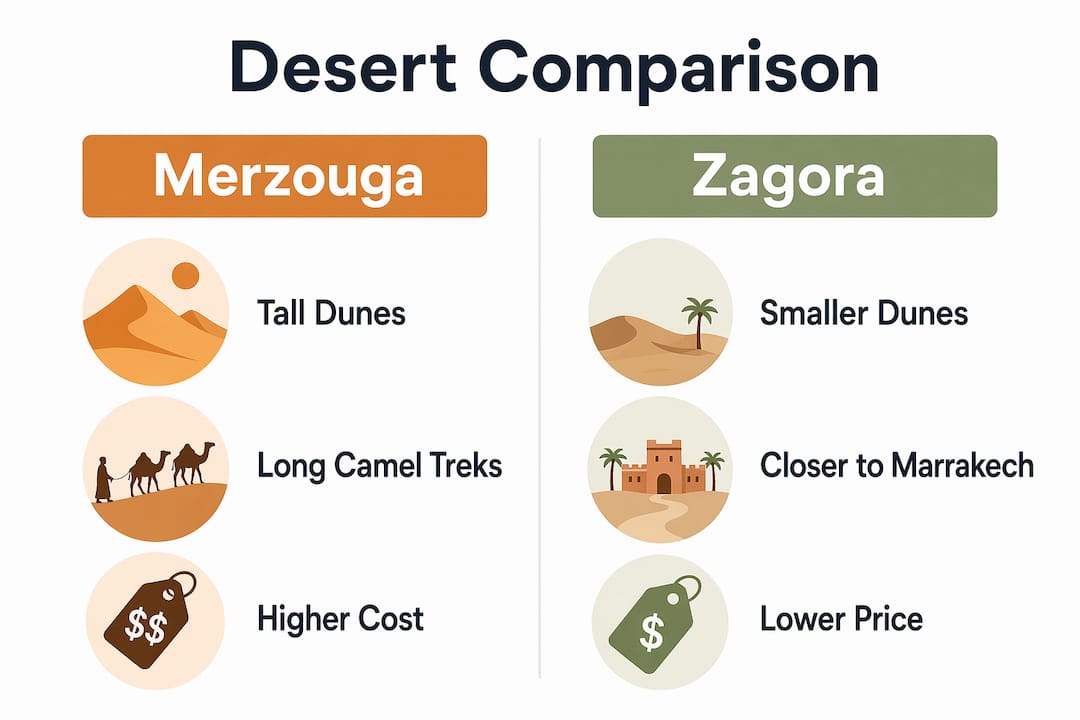 Infographic comparing Merzouga and Zagora deserts