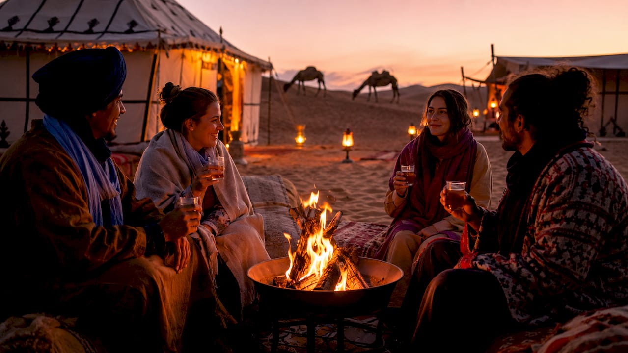 Travelers relaxing at Sahara desert night camp
