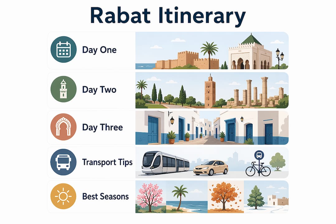 Infographic outlining a three-day Rabat travel itinerary