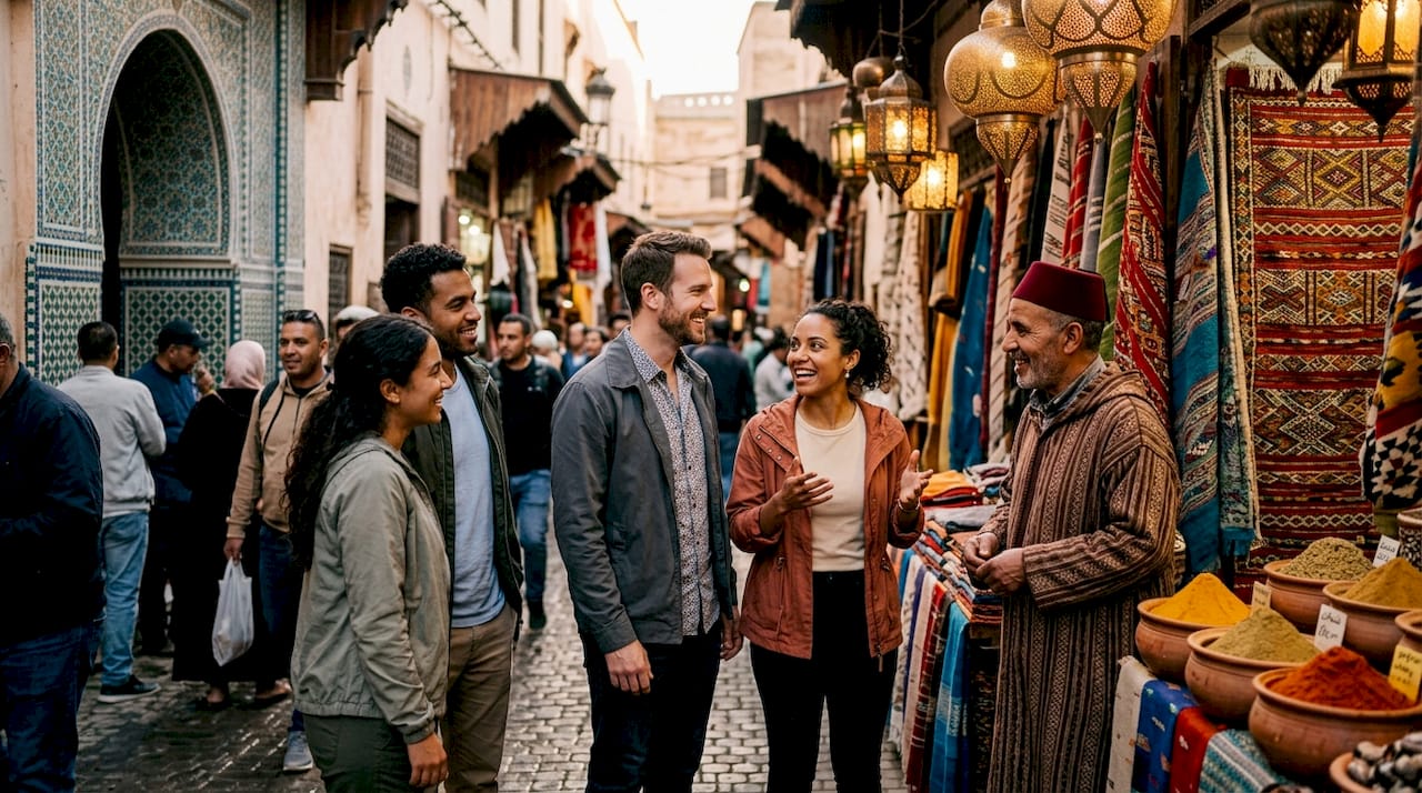 Morocco Tours from Australia: Your Travel Guide 2 Tourists enjoying Moroccan street market culture