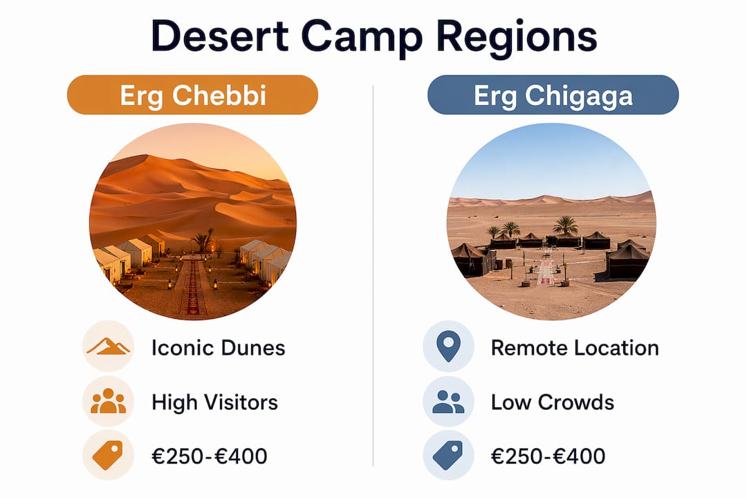 Infographic comparing Moroccan desert camp regions Erg Chebbi and Erg Chigaga
