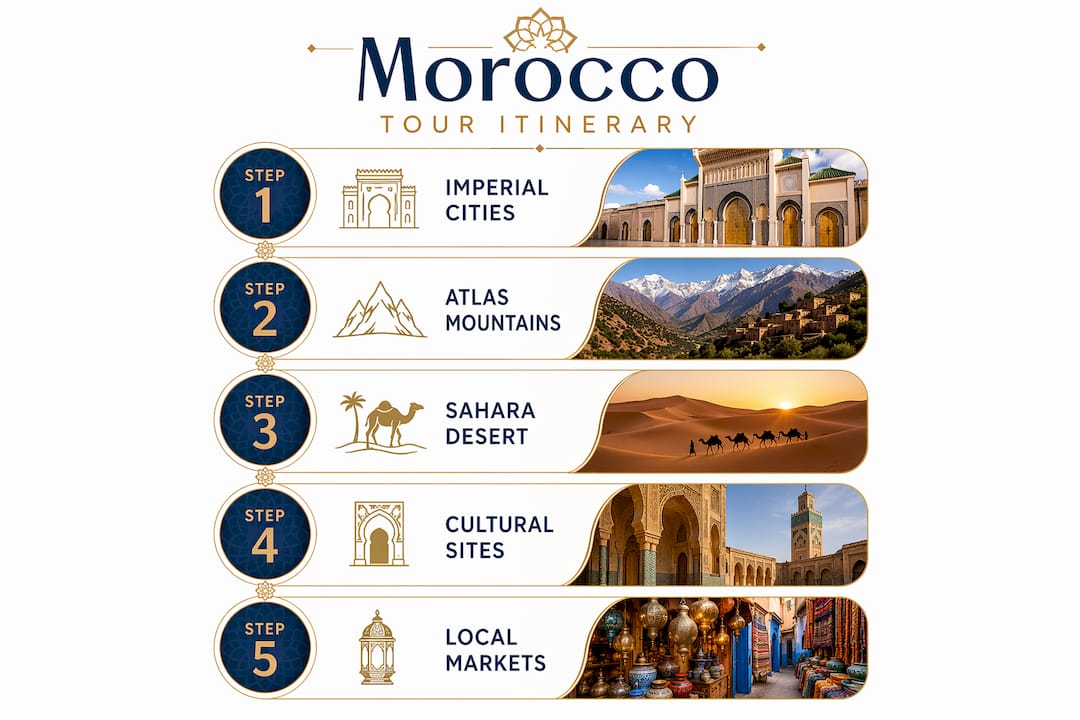 Morocco Trips for UK Travellers: Routes, Travel Tips & Private Tours 2 Infographic outlining key Morocco tour itinerary steps