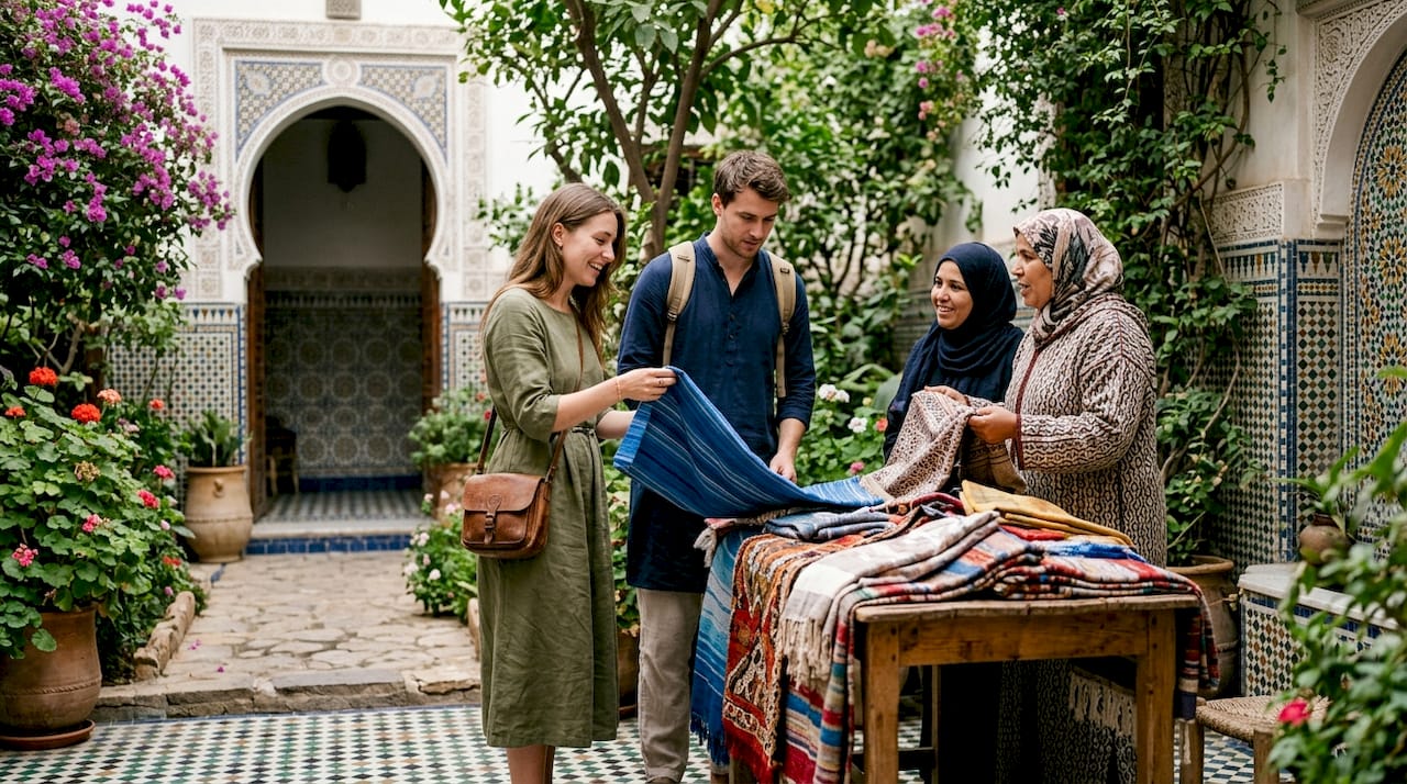 Travelers shopping modest clothes in Moroccan market