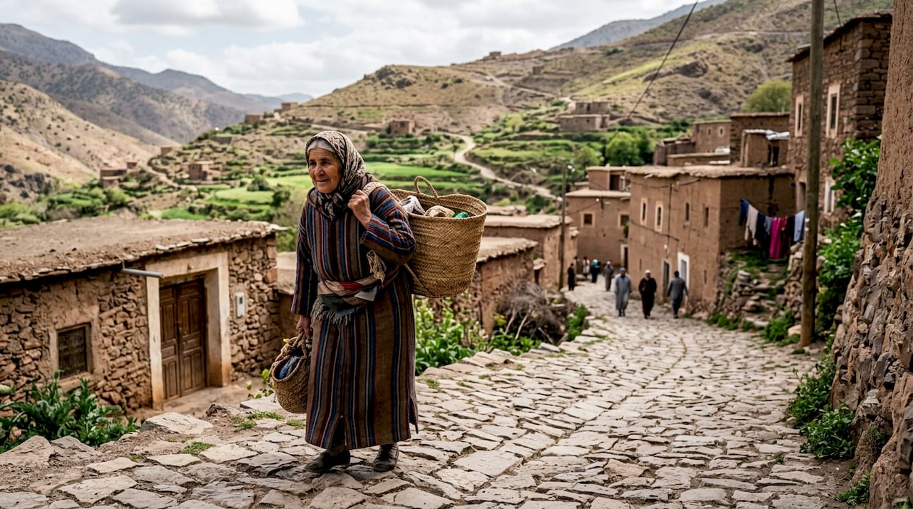 Berber woman walking mountain village trail in High Atlas