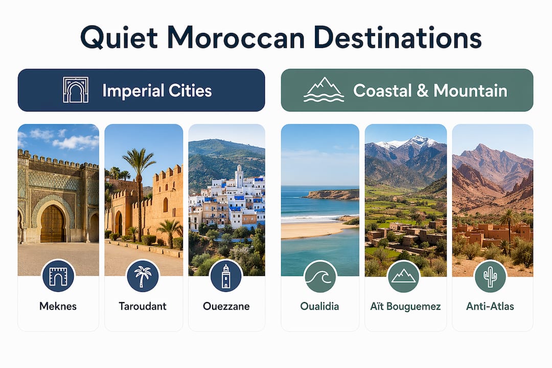 Infographic comparing quiet imperial cities and coastal mountain destinations in Morocco