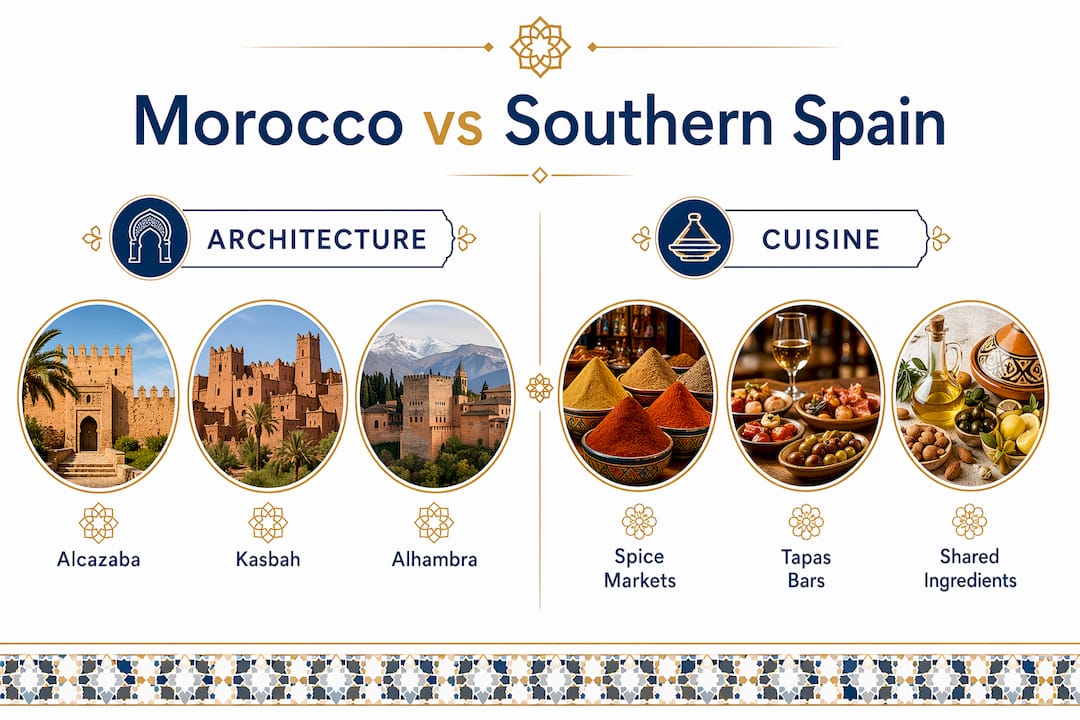 Morocco Tours from Europe: Easy Travel Planning Guide 2 Infographic comparing Morocco and Southern Spain cultural highlights