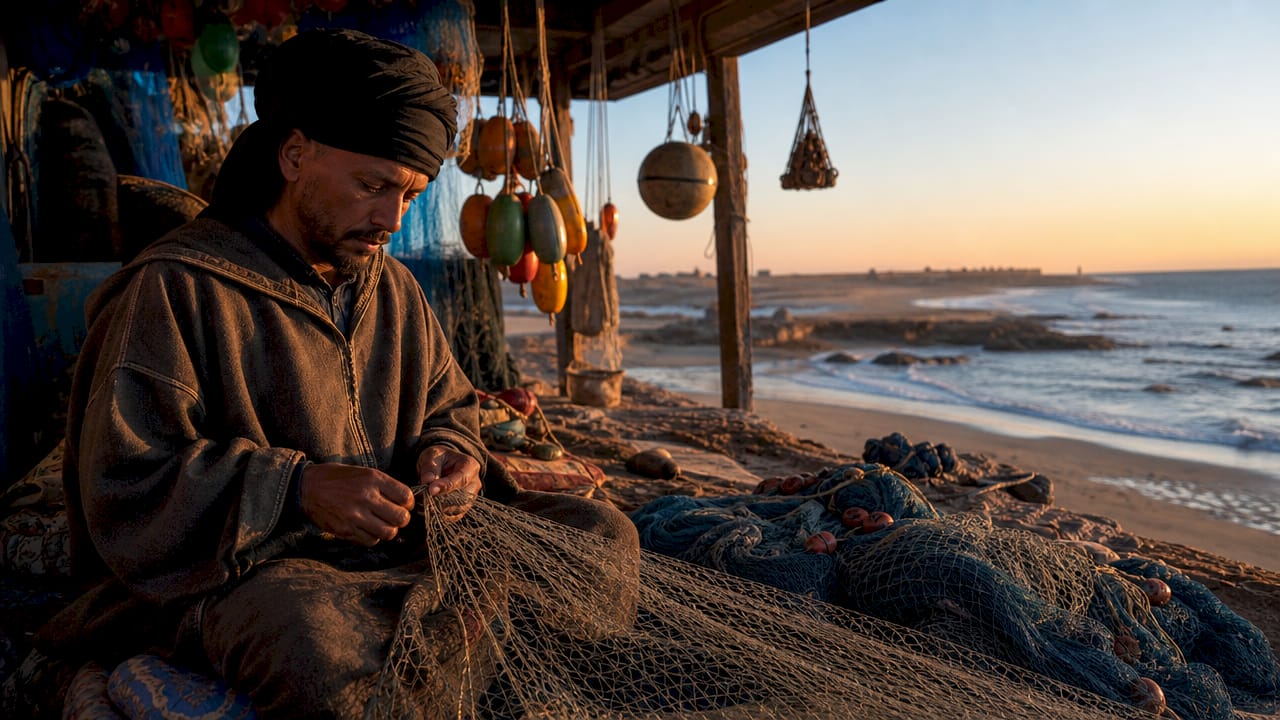 Fisherman working nets on Atlantic coast beach