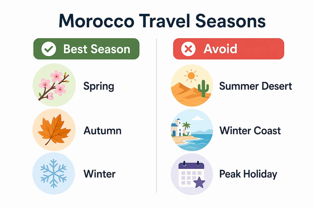 Infographic comparing best and avoid travel seasons in Morocco
