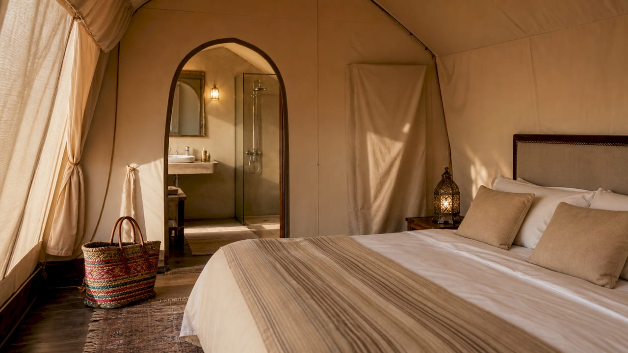 Inside luxury tent with private bathroom visible
