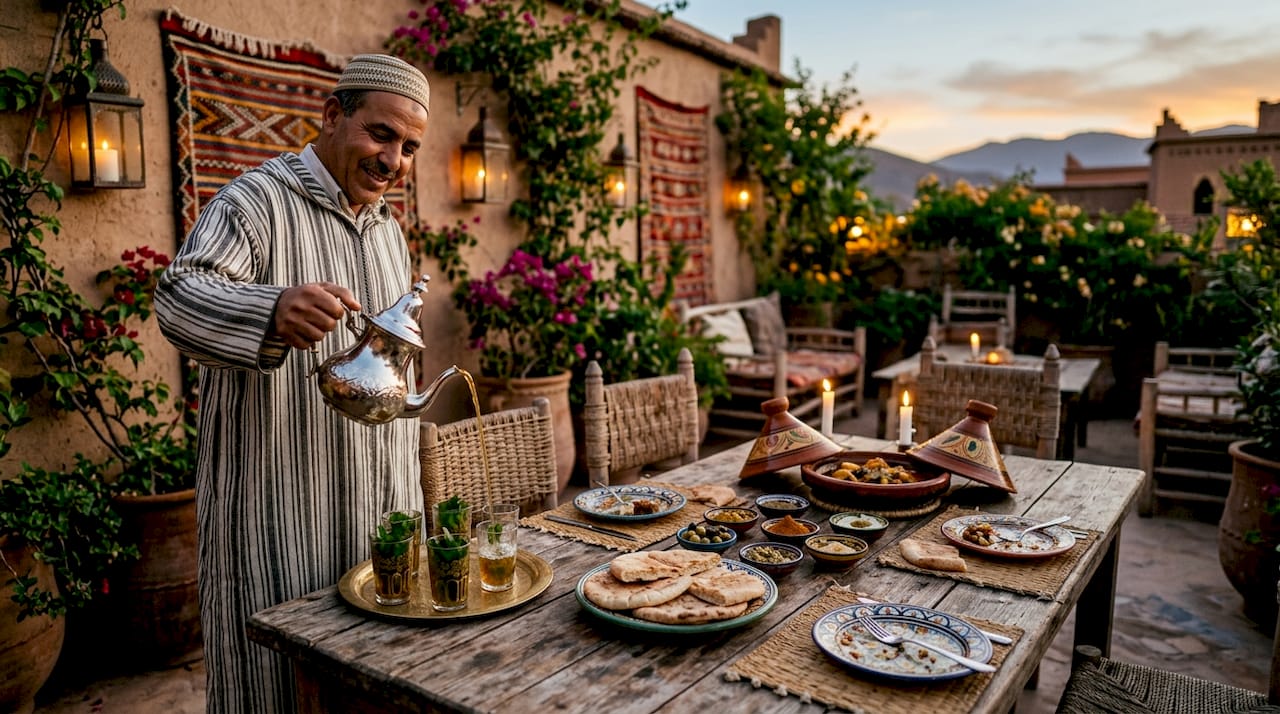 Intimate dining inside Moroccan auberge with local food