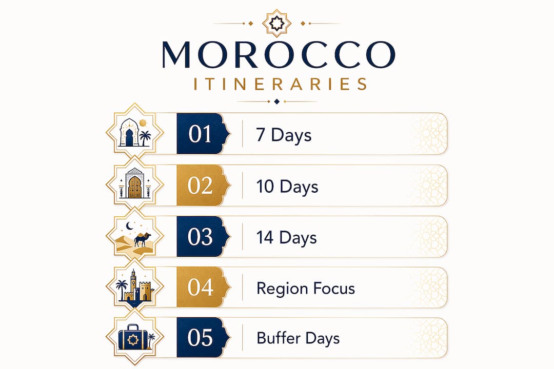 Morocco Itinerary Guide: 7, 10, or 14 Days 2 Infographic showing Morocco itinerary length comparison