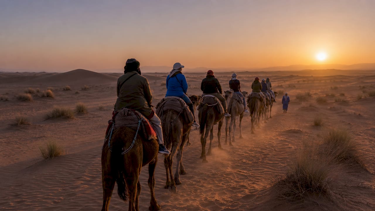 Tourists riding camels in Zagora desert at sunset