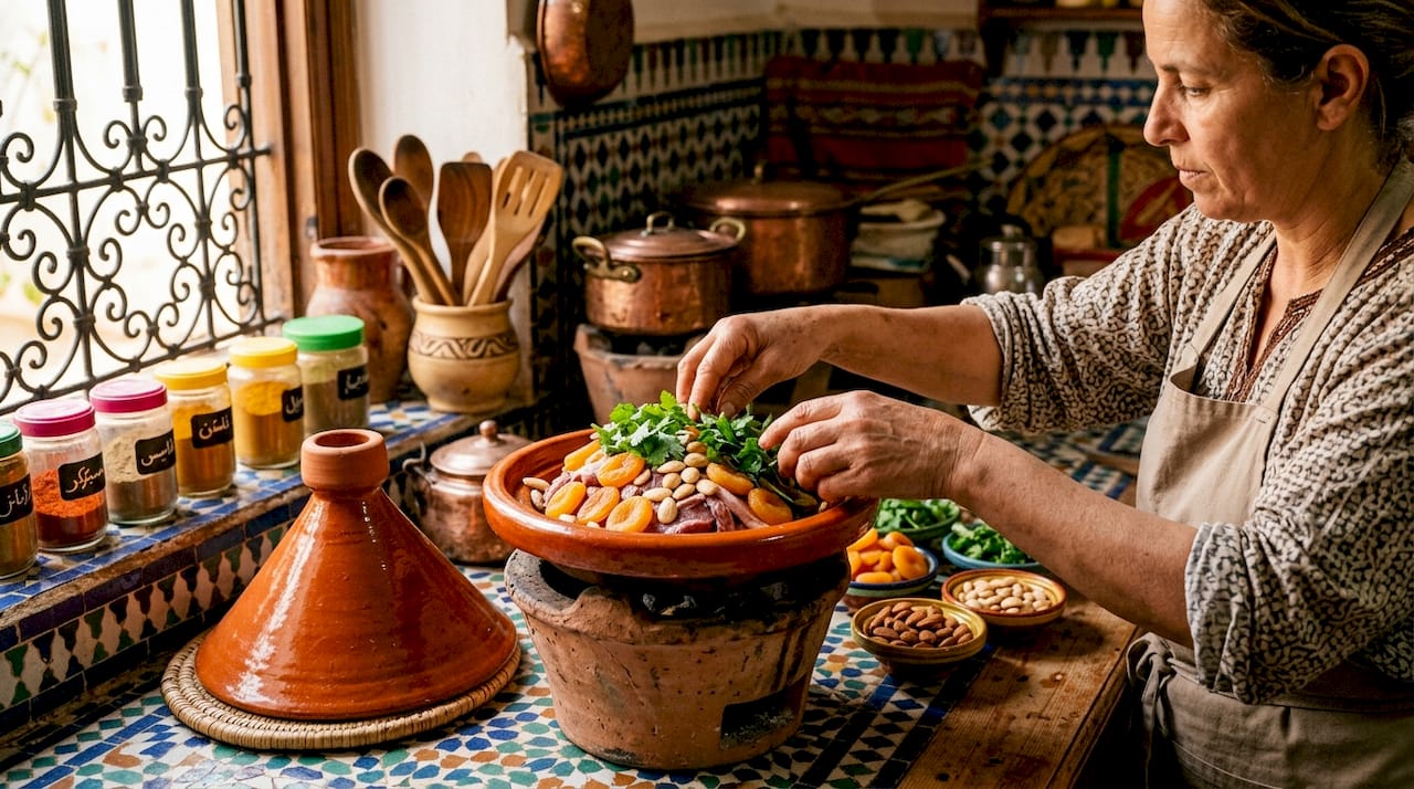 Food in Morocco: Travel Guide to Moroccan Cuisine 1 Hands preparing Moroccan tagine in kitchen