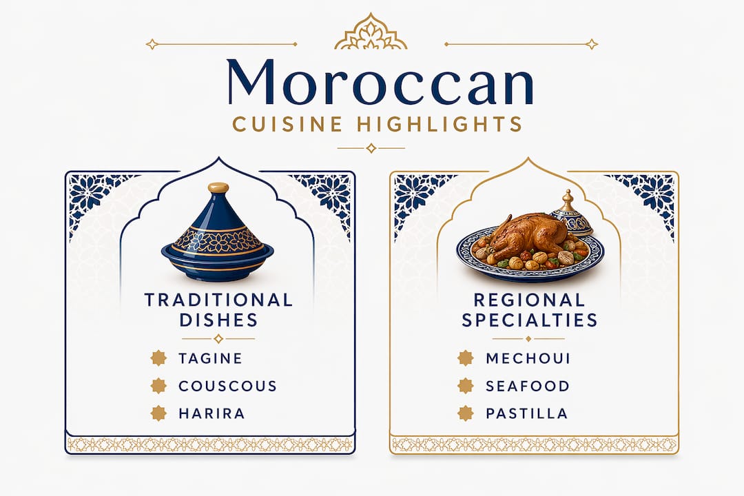 Food in Morocco: Travel Guide to Moroccan Cuisine 2 Infographic comparing Moroccan traditional dishes and regional specialties