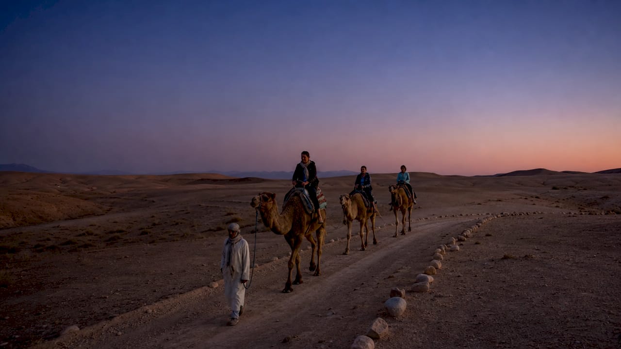 Tourists on sunset camel ride on Agafay desert trail