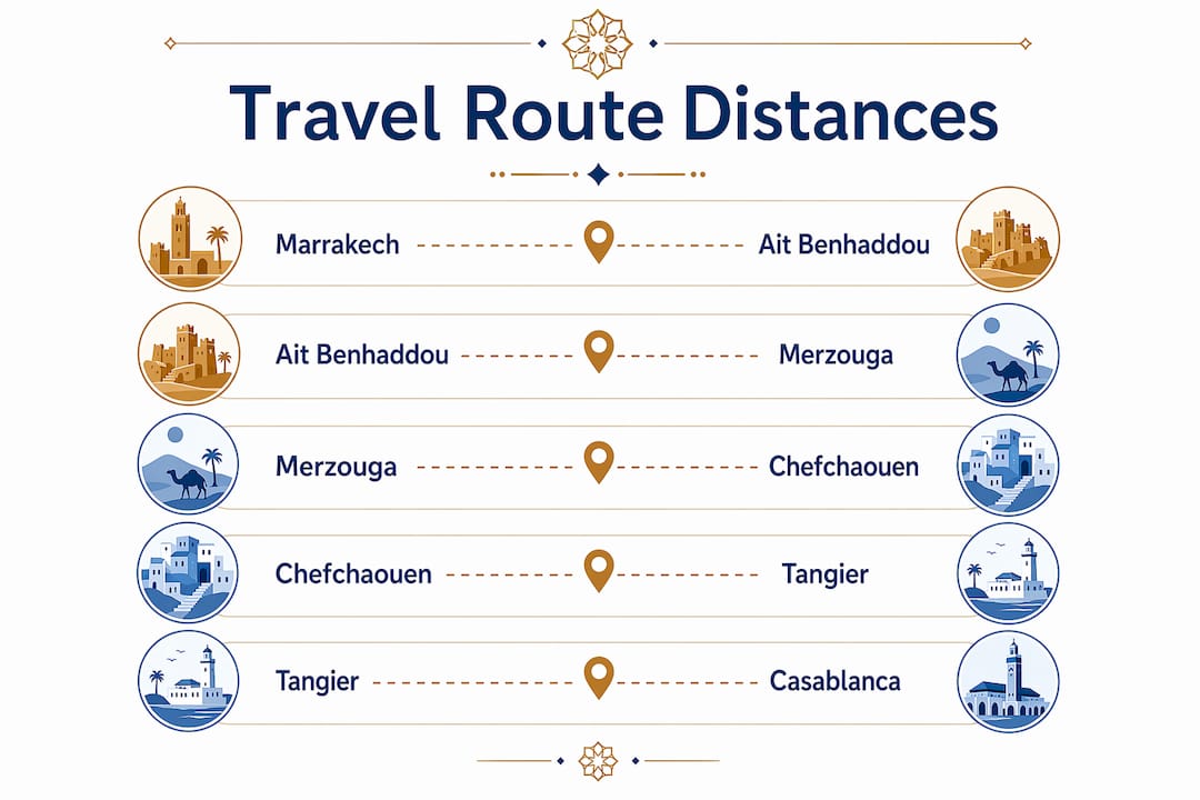 Marrakech, Sahara, and Chefchaouen: Travel Guide 1 Infographic of key Moroccan travel route distances