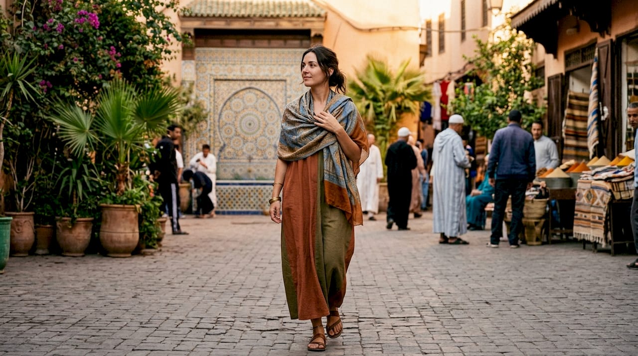 Is Morocco Safe for Solo Women? Your 2026 Guide 1 Solo woman dressed conservatively in Moroccan street