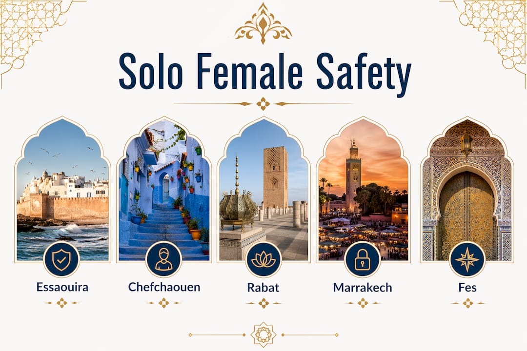 Is Morocco Safe for Solo Women? Your 2026 Guide 2 Infographic ranking Moroccan cities by solo female traveler safety