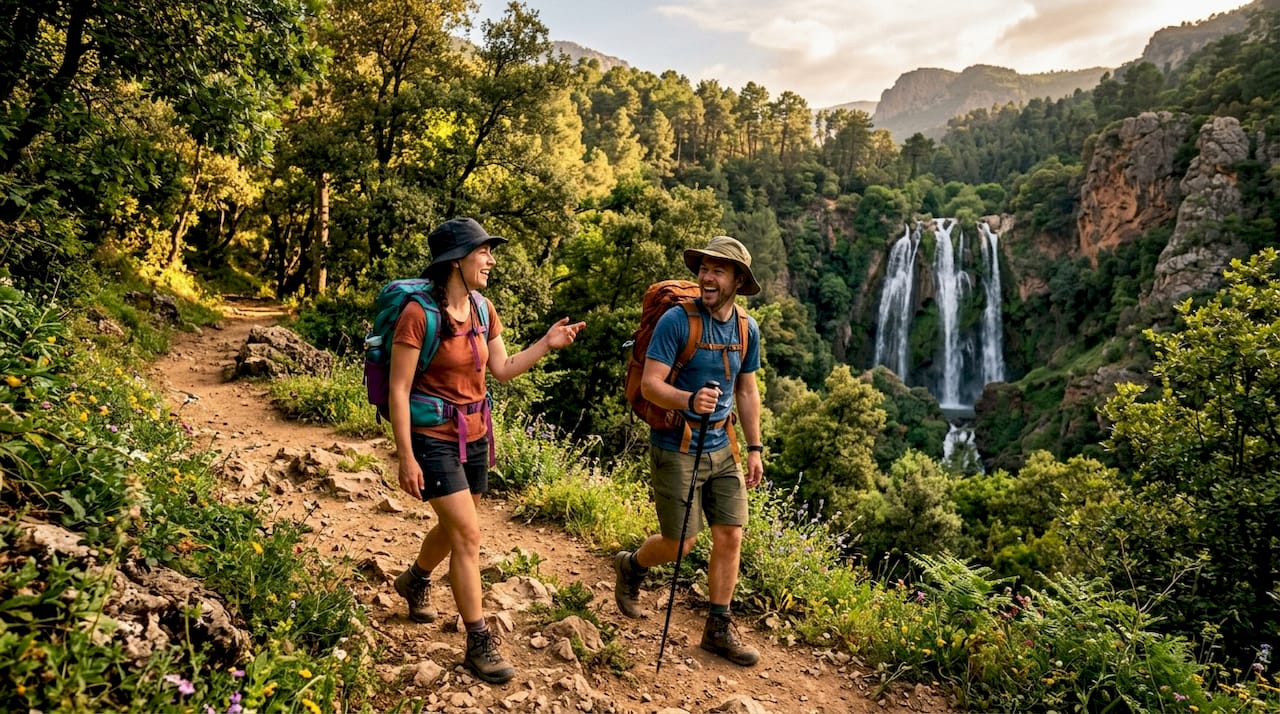 Hikers on trail near Akchour Waterfalls, Morocco