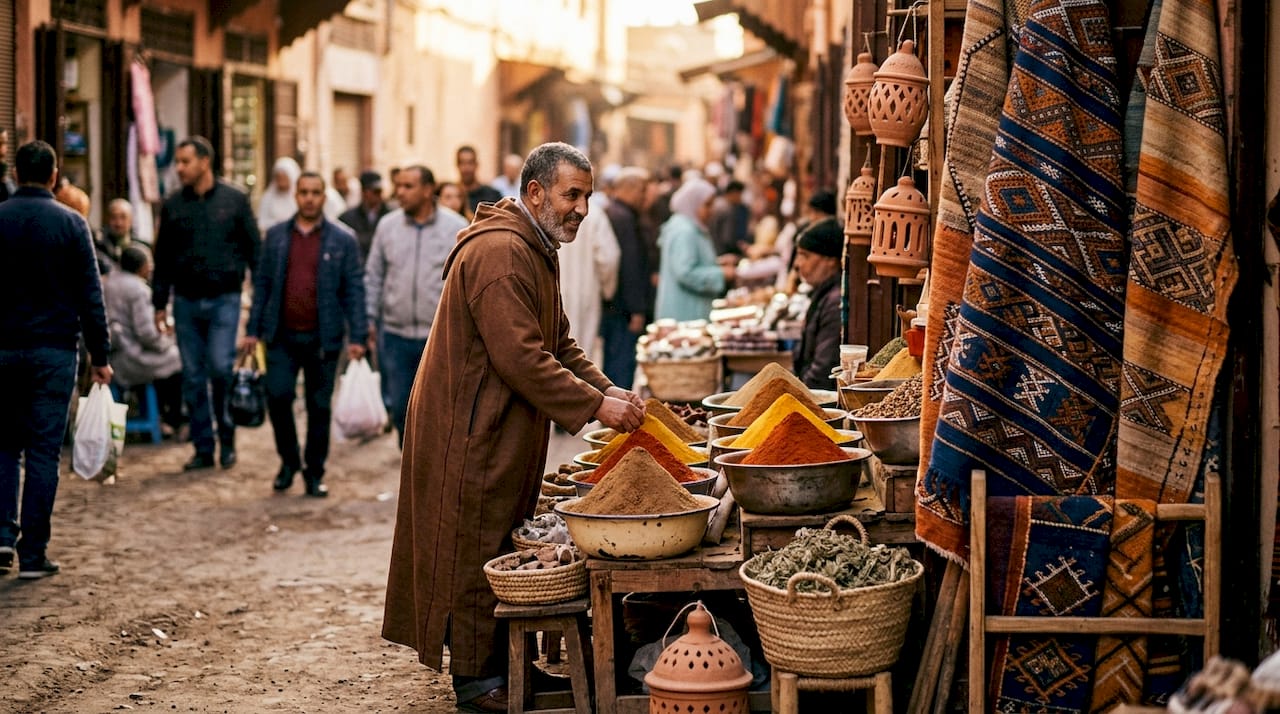 Morocco Itinerary Guide: 7, 10, and 14 Days 1 Marrakech medina market with spices and textiles