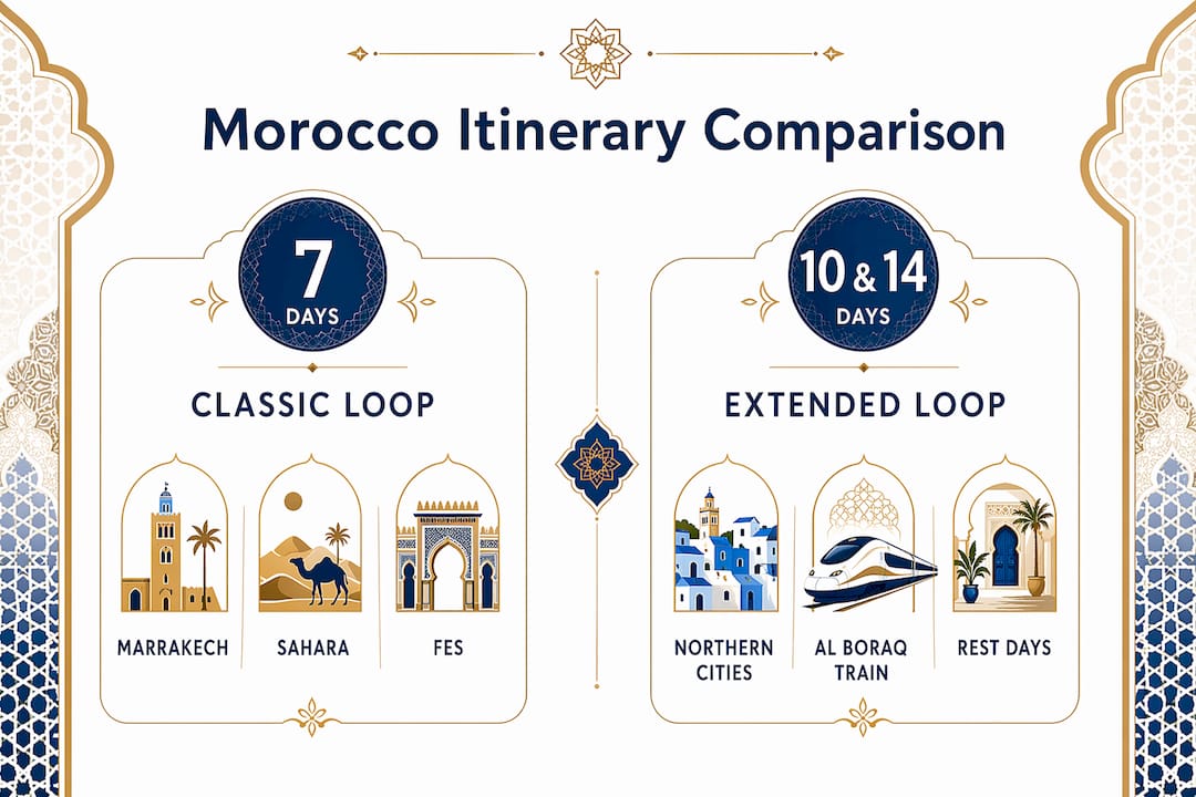 Morocco Itinerary Guide: 7, 10, and 14 Days 2 Infographic comparing 7, 10, and 14 day Morocco itineraries with key features