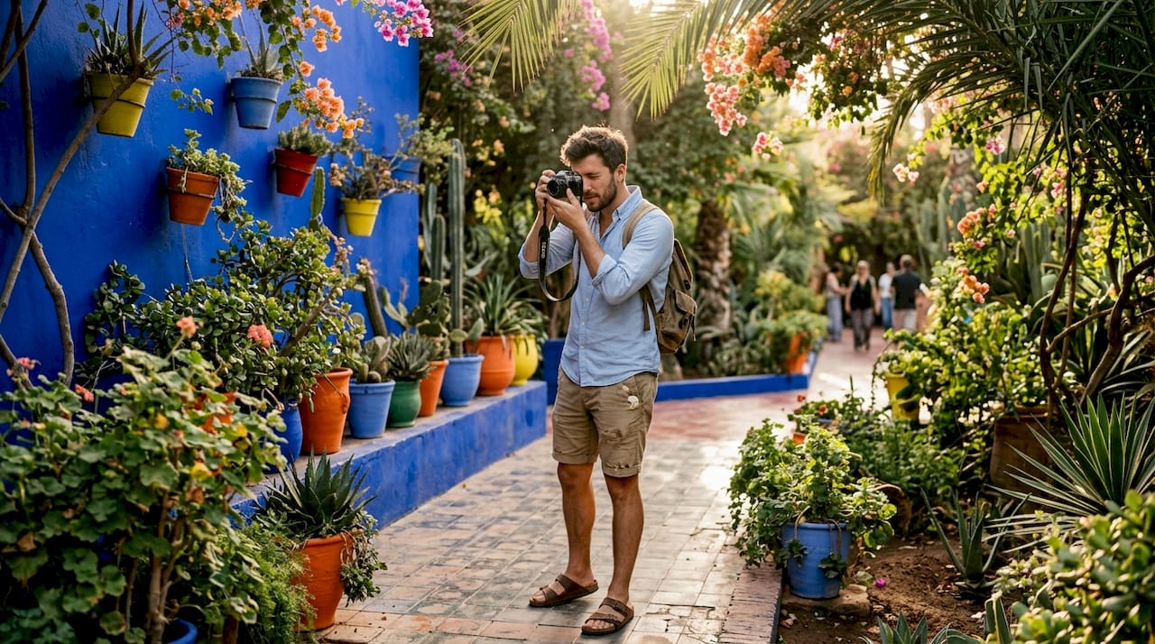 Photographer adjusting camera in Jardin Majorelle garden