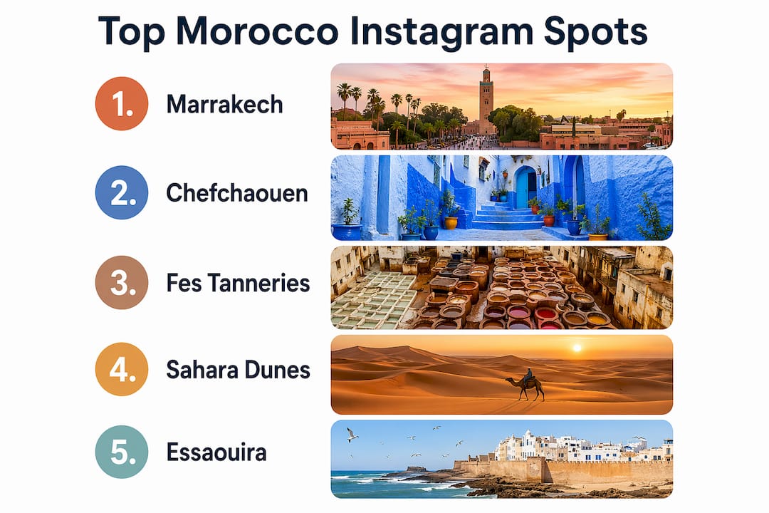Infographic listing top Morocco Instagram photography spots in a vertical layout
