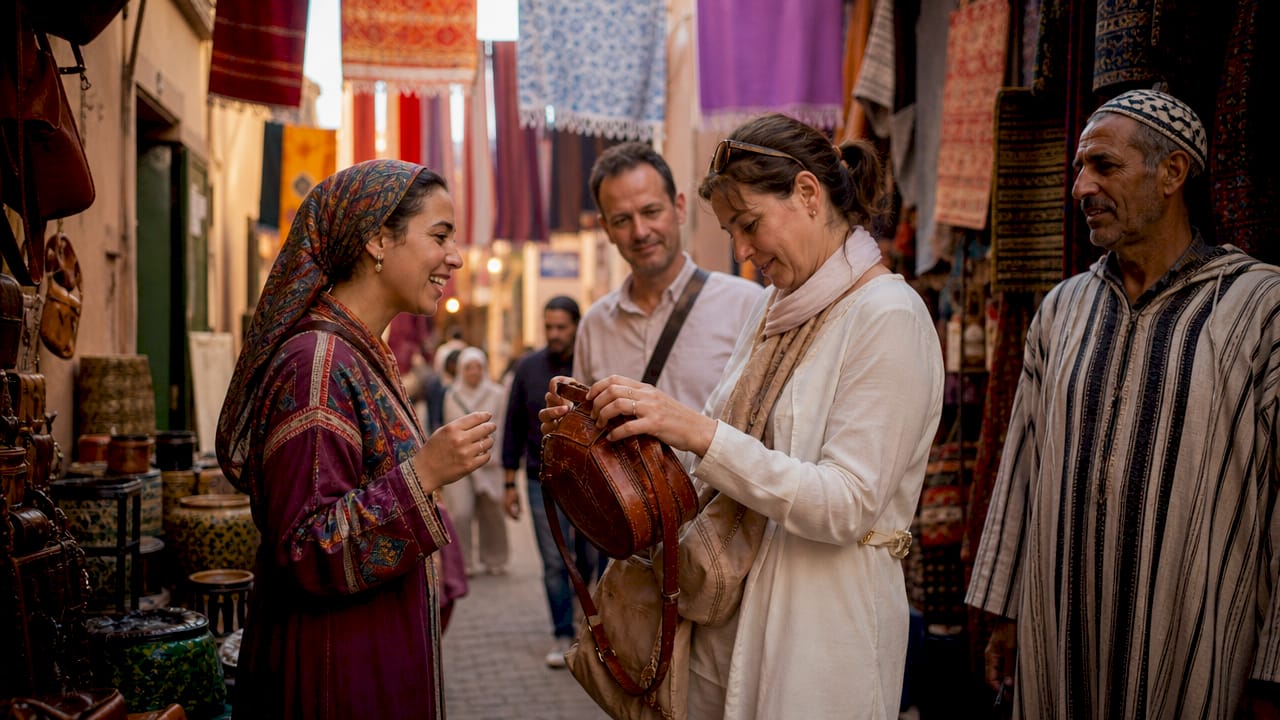 Is Morocco Safe for Tourists? Your 2026 Guide 1 Busy Moroccan medina street market with vendors and tourists