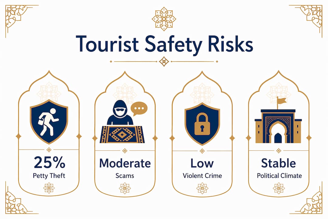 Is Morocco Safe for Tourists? Your 2026 Guide 2 Infographic highlighting main tourist safety risks in Morocco