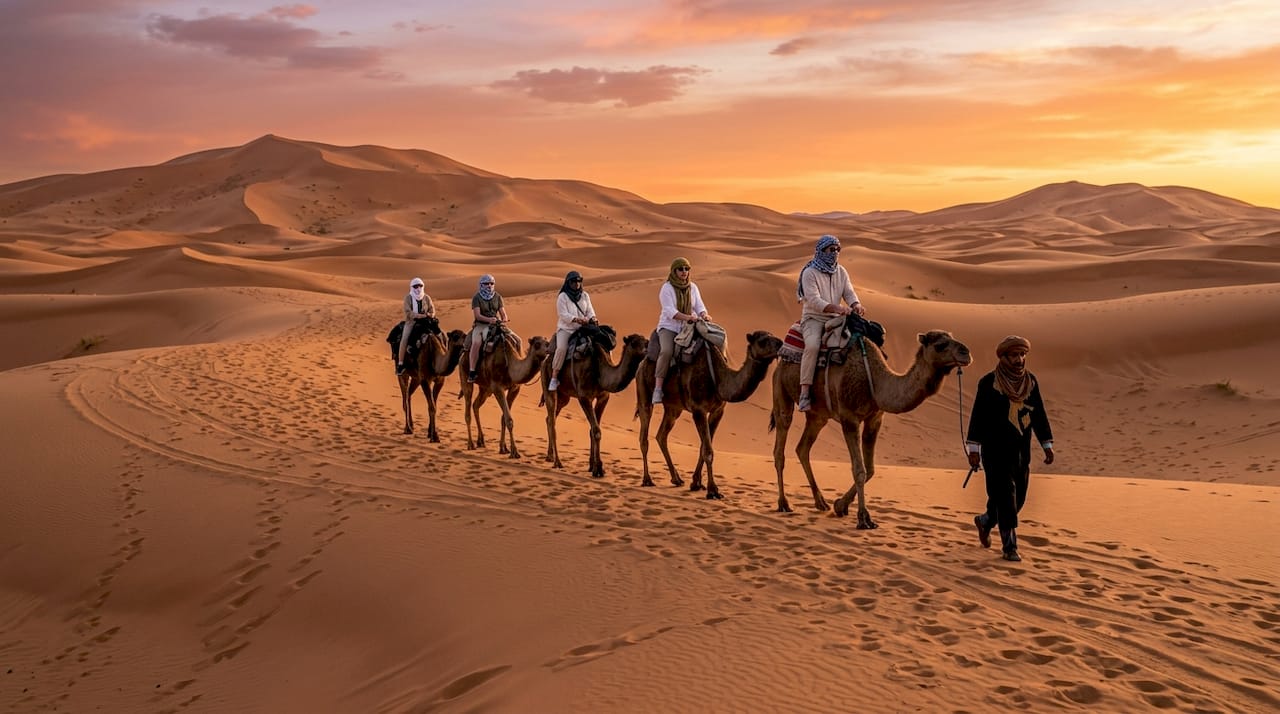 Morocco Travel Tips for First Time Visitors 1 Camel caravan crossing Sahara desert dunes