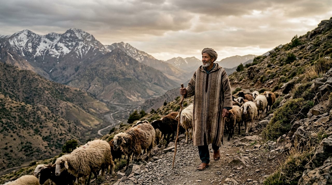 Berber shepherd leading sheep in High Atlas Mountains