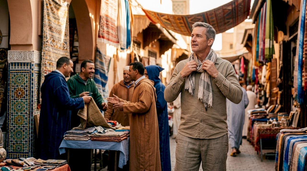 10 Mistakes Travelers Make in Morocco 2 Man dressed modestly in Moroccan town square showing respect