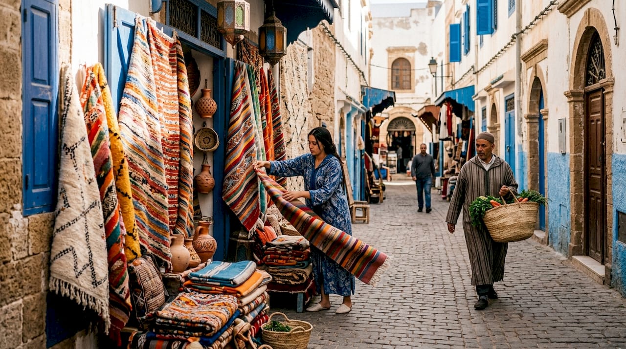 Artisan in Essaouira medina on windy day