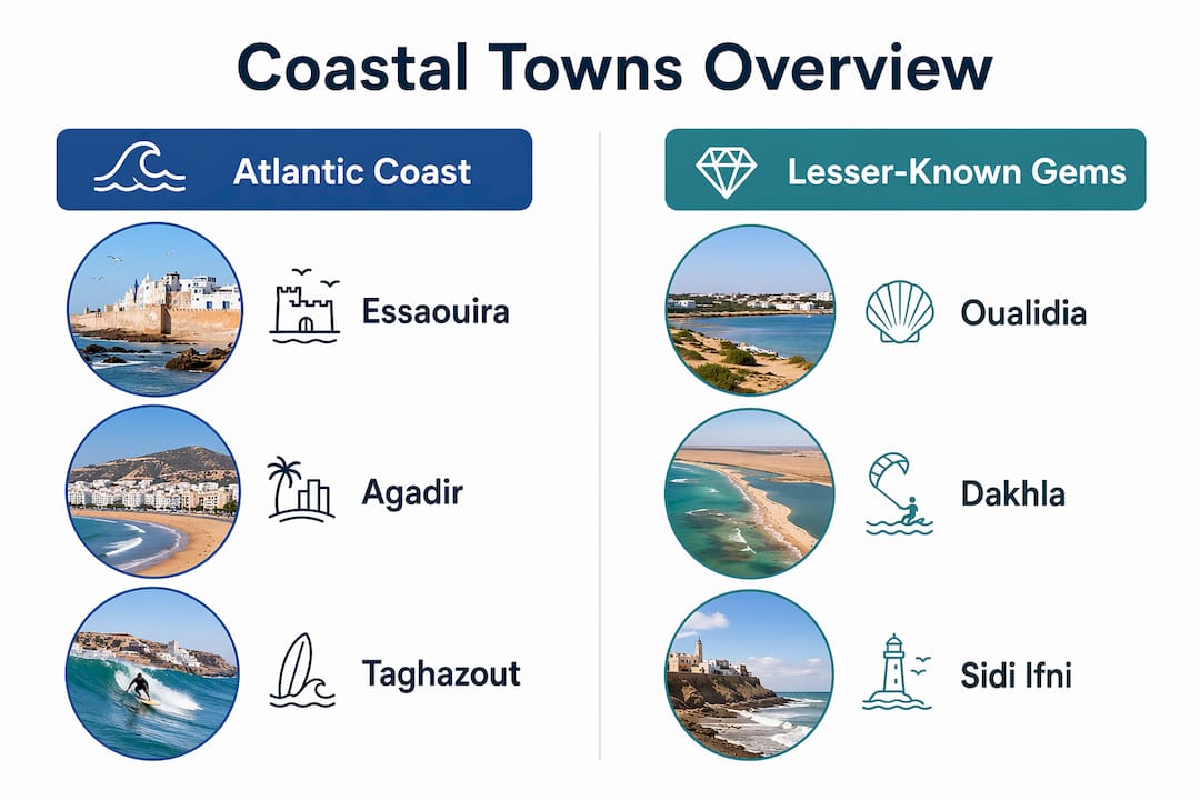 Infographic comparing Moroccan Atlantic and lesser-known coastal towns