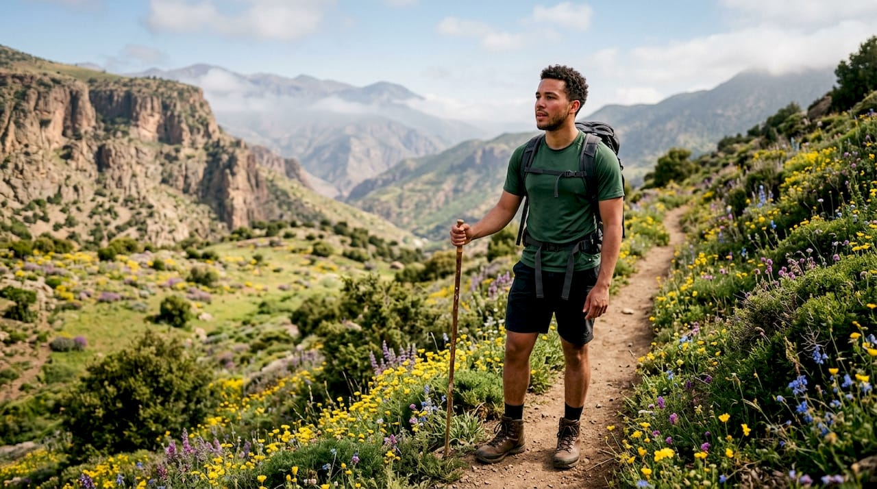 Hiker pausing on Atlas Mountains trail