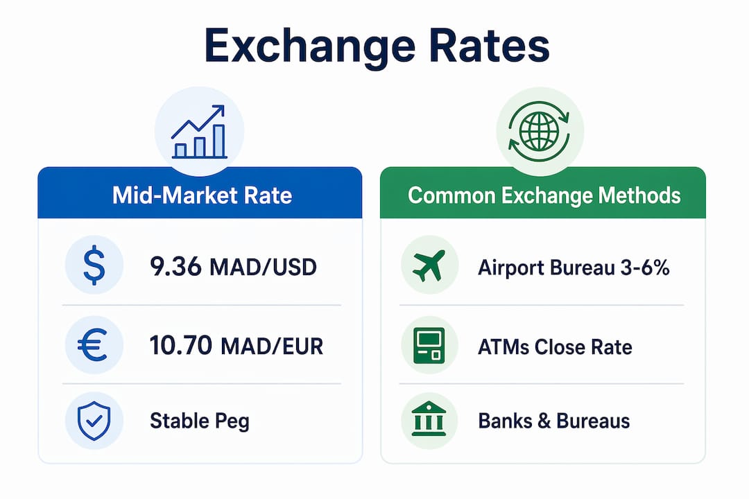 Infographic comparing Moroccan dirham mid-market rates and exchange methods