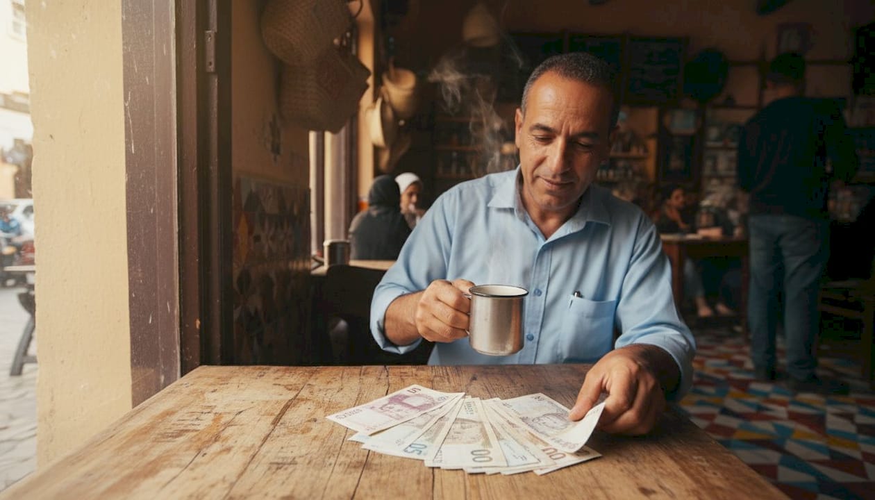 Shopkeeper counting Moroccan dirham banknotes