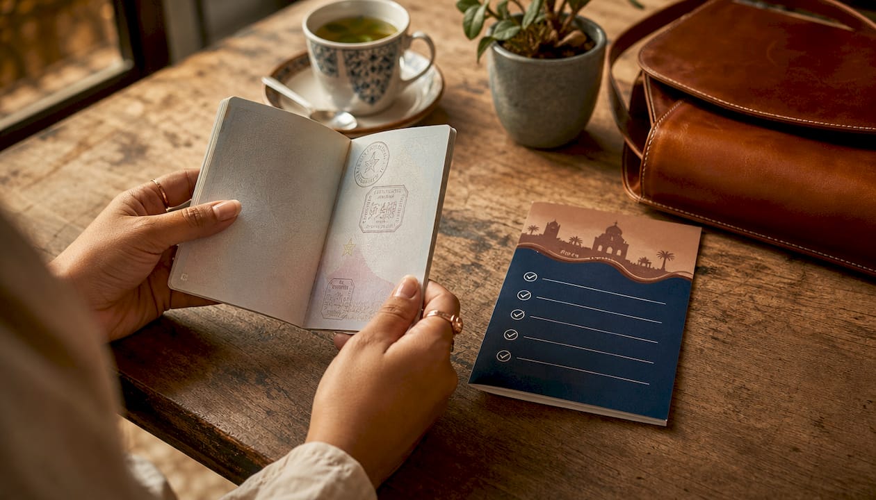 Morocco Visa Guide: Requirements and How to Apply 1 Close-up of hands with passport and visa checklist