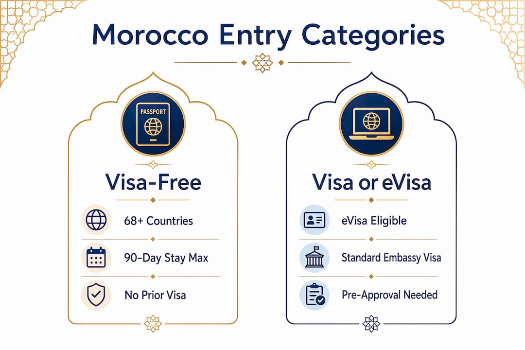 Morocco Visa Guide: Requirements and How to Apply 2 Infographic comparing Morocco visa-free and visa-required categories