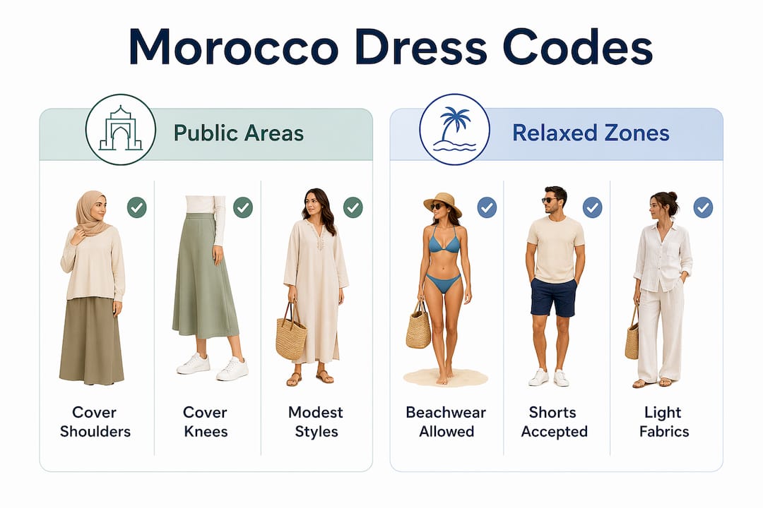 Infographic comparing dress codes for public and relaxed areas in Morocco