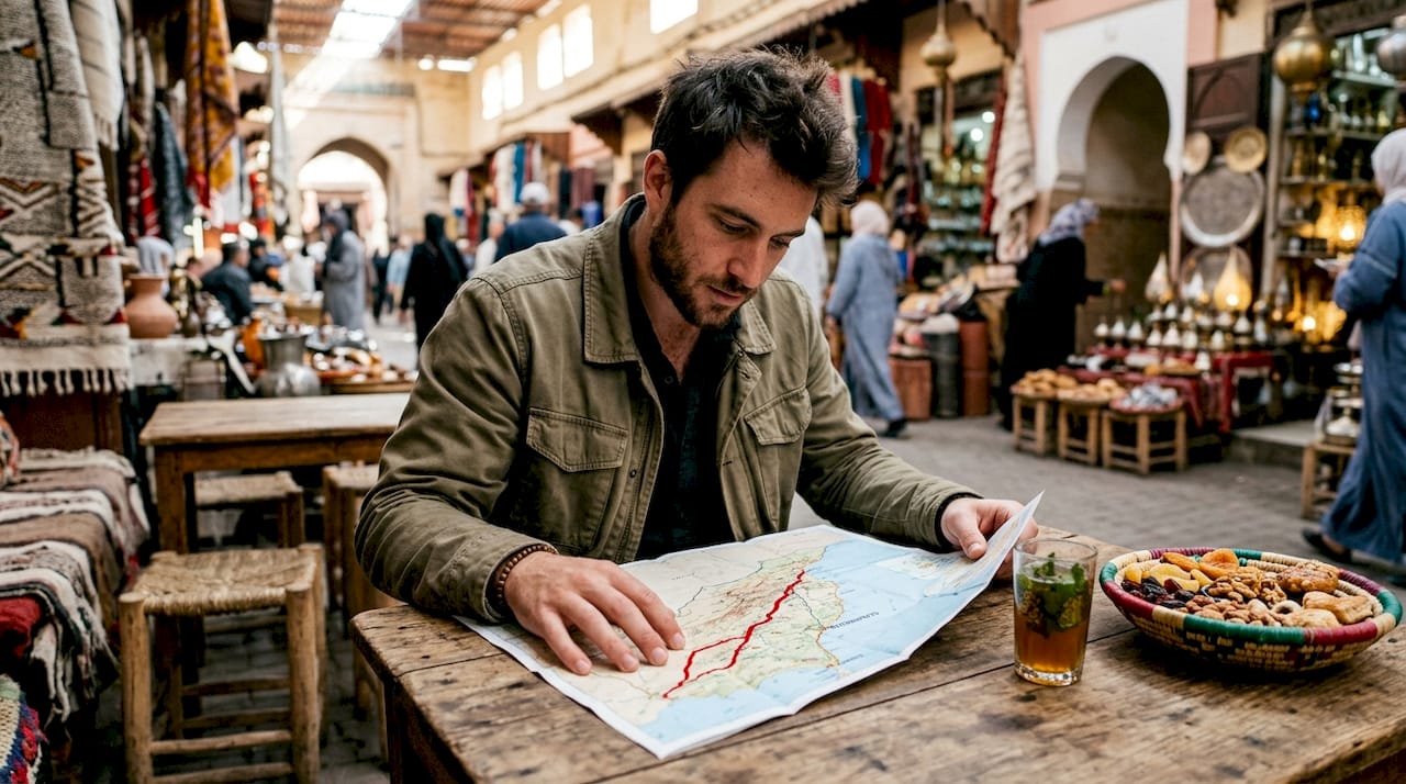 Traveler planning routes with Morocco train map