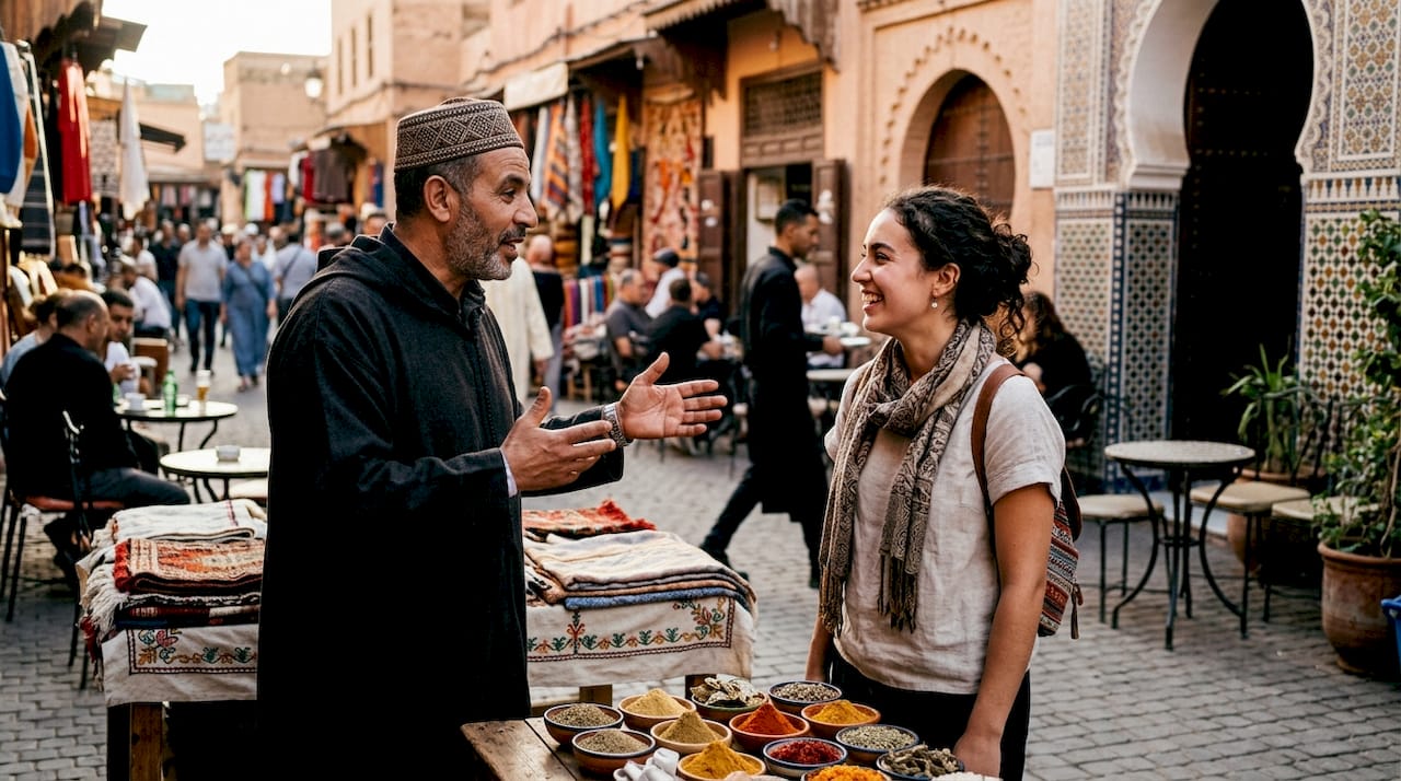 Moroccan man teaching Arabic phrase at market
