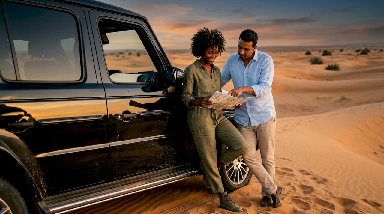 Luxury Morocco Travel: The Guide for Discerning Travelers 2 Luxury 4x4 vehicle and travelers in Sahara Desert