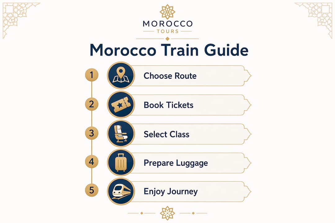 Morocco Train Guide: Routes, Tickets, and Tips 2 Infographic illustrating Morocco train travel steps