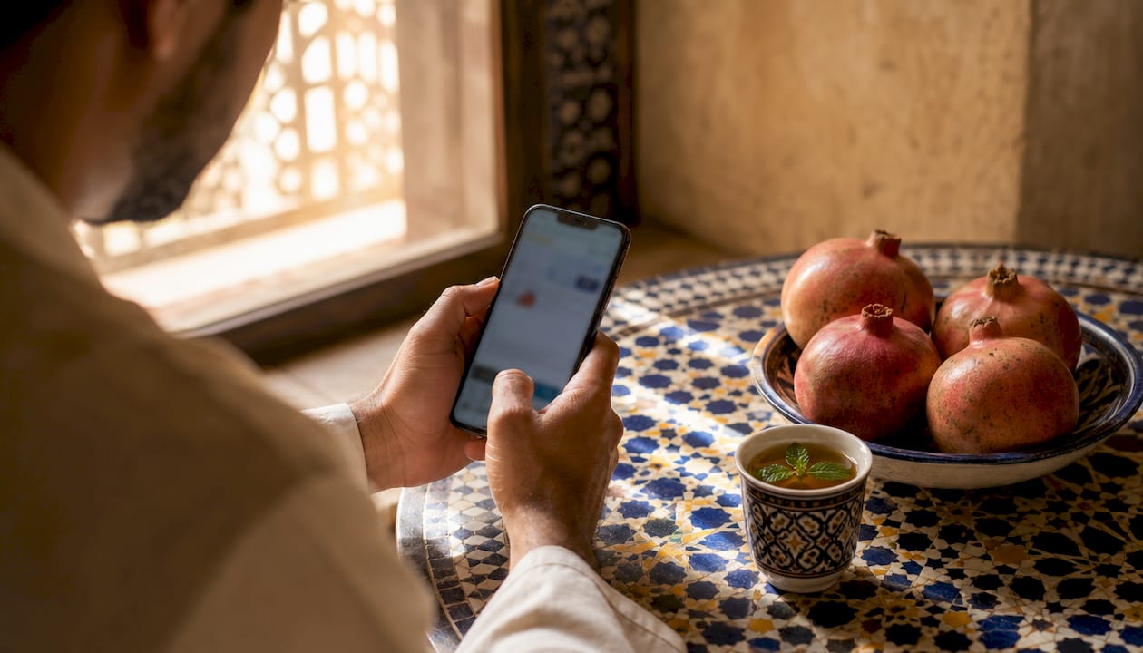 Internet in Morocco: Your Connectivity Guide 1 Hands holding smartphone over traditional Moroccan table