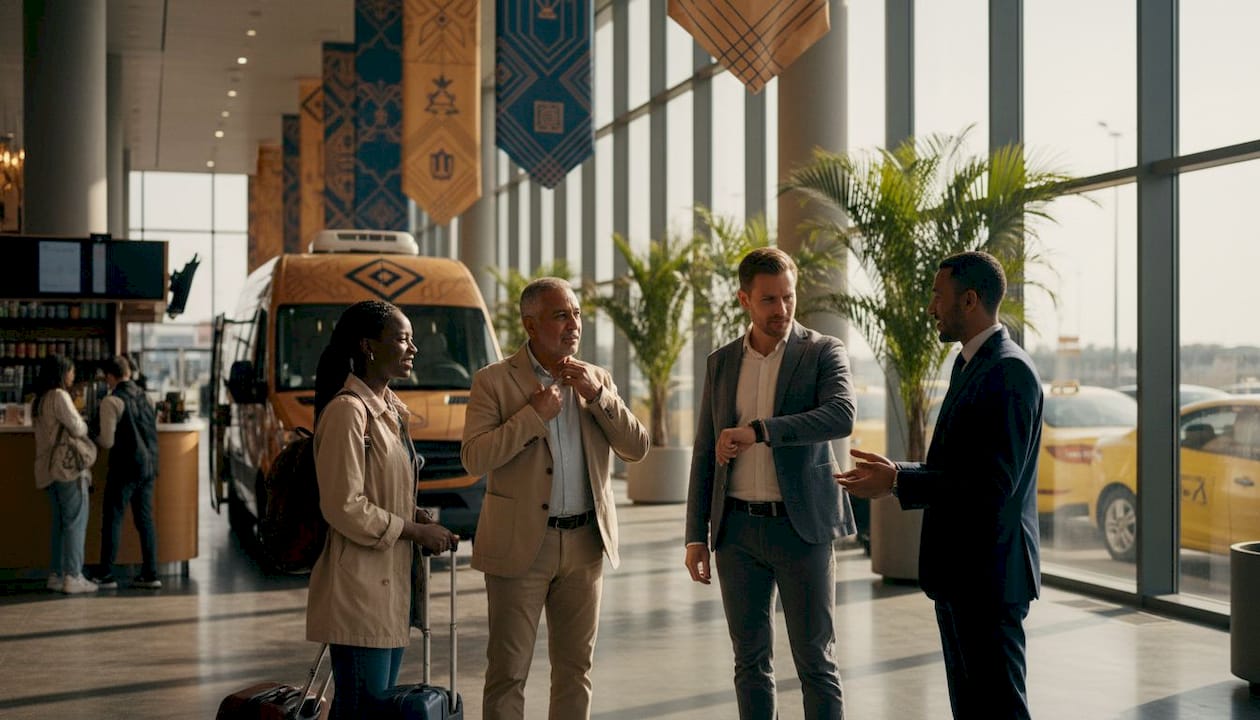 Morocco Airport Guide: Arrive and Depart With Confidence 2 Travelers at Marrakech airport taxi pickup zone